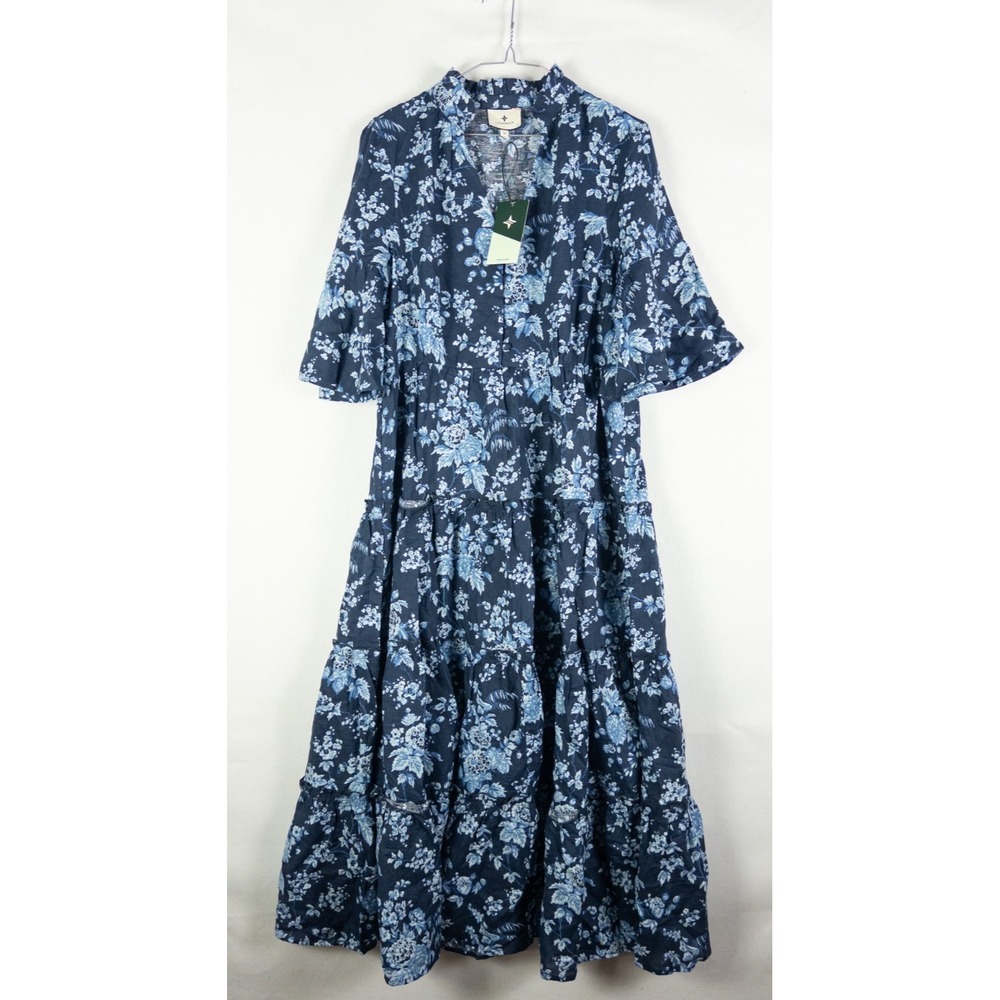 Tuckernuck Twilight Garden Jenna Dress M Navy Floral Linen Tiered Midi NWT